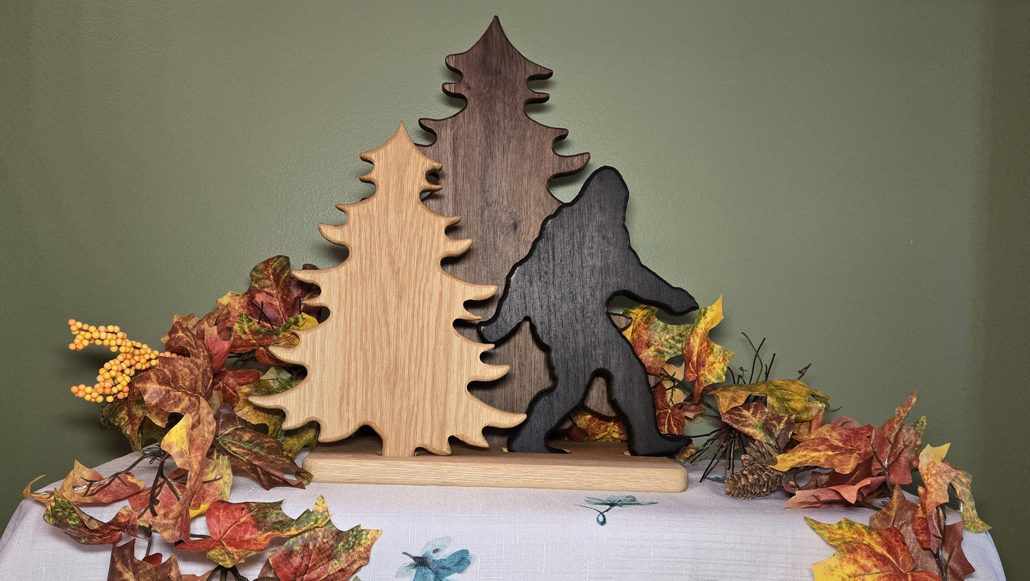 "Bigfoot Among the Pines" - Handcrafted Solid Walnut & White Oak Wood Sculpture
