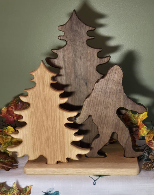 "Bigfoot Among the Pines" - Handcrafted Solid Walnut & White Oak Wood Sculpture